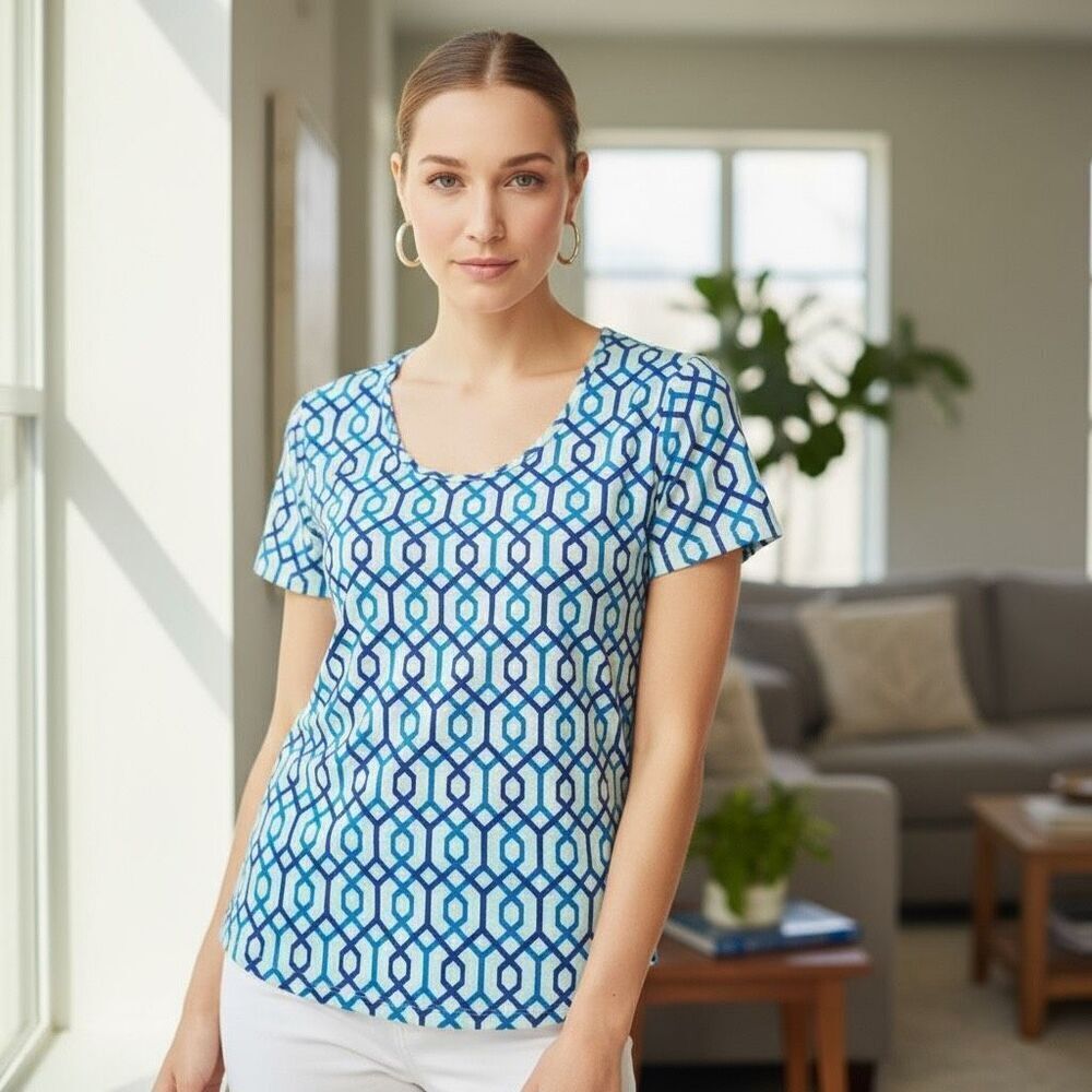Chicos Blue Ombre Geometric Print T-Shirt Large
